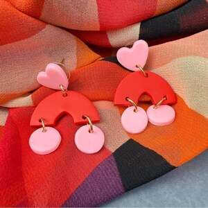 Red and Pink Heart Polymer Clay Dangle Earrings